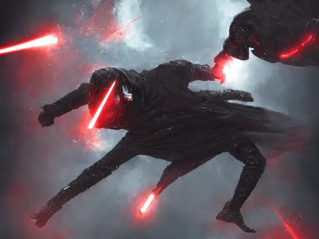 Image similar to kylo ren animatronic figure being blown out into space, experiencing explosive decompression, view from outside the ship, gory and graphic, deep focus, futuristic sci fi, intricate, highly detailed, digital painting, artstation, concept art, matte, sharp focus