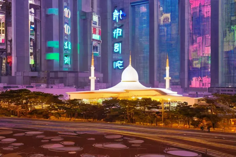 Prompt: exterior view of istiqlal mosque tokyo at night, promotional architectural photo, but in setting of japanese cyberpunk, neon tones