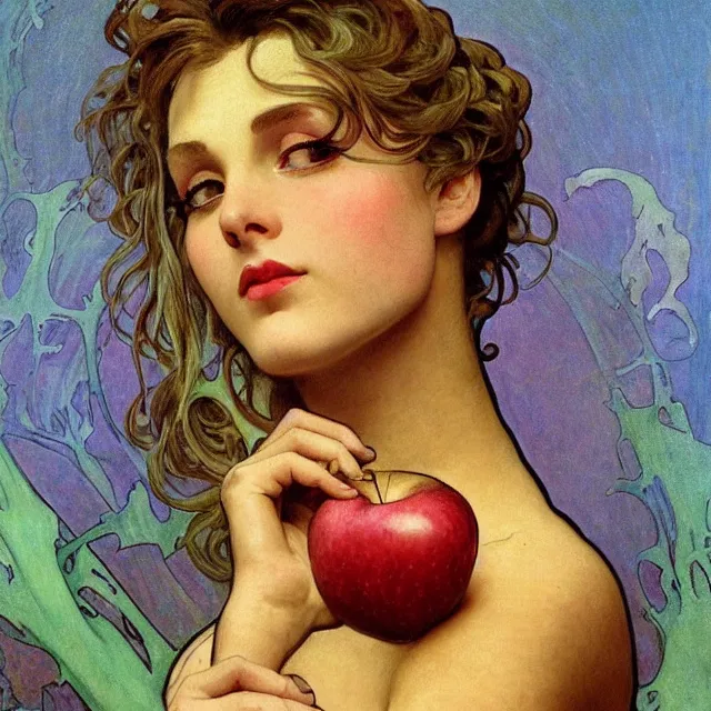 Prompt: an aesthetic! a detailed close portrai of an aesthetic woman, face covered in a transparent vale, holding an apple by frank frazetta and alphonse mucha, oil on canvas, bright colors, art nouveau, epic composition, dungeons and dragons fantacy art, hd, god - rays, ray - tracing, crisp contour - lines, huhd - 8 k