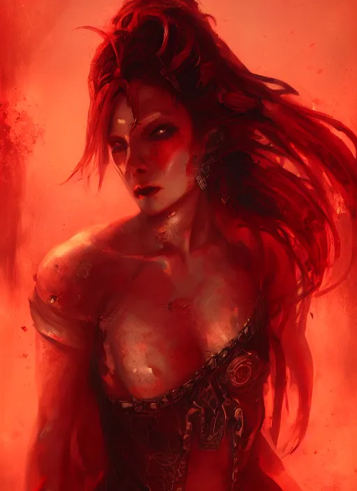 Image similar to diablo 4 lilith, red tones, beautiful face, rule of thirds, intricate outfit, spotlight, by greg rutkowski, by jeremy mann, digital painting