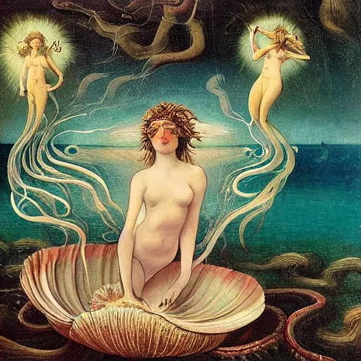 Prompt: The collage depicts the moment when the goddess Venus is born from the sea. She is shown standing on a giant clam shell, with her long, flowing hair blowing in the wind. The collage is full of light and color, and Venus looks like she is about to step into a beautiful, bright future. dada, cosmic horror by Caspar David Friedrich, by Alice Rahon magnificent