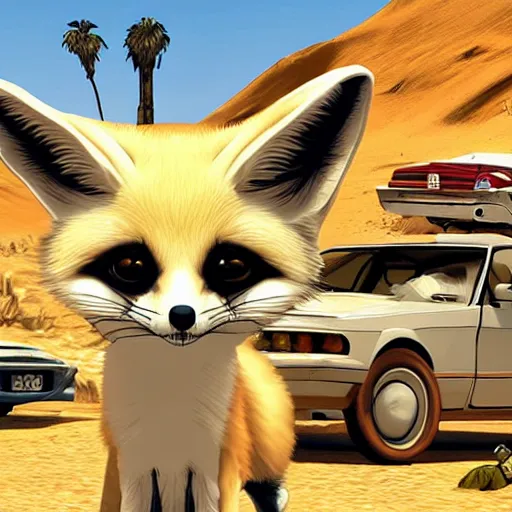 Image similar to fennec fox as a GTA V cover art