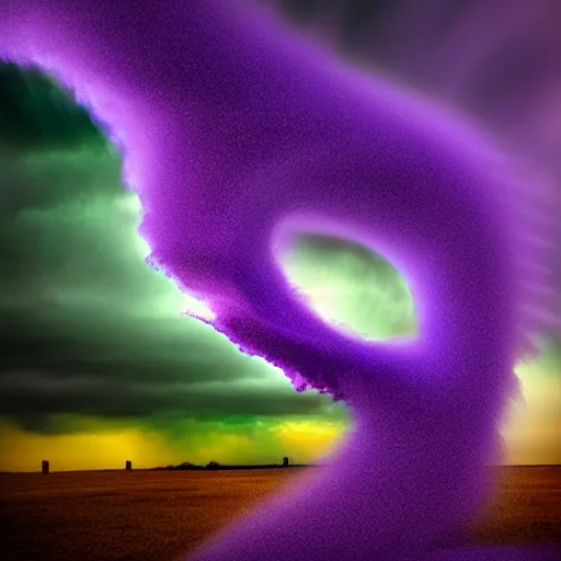 Prompt: amazing photo of a purple tornado in the shape of a tornado, digital art, beautiful dramatic lighting