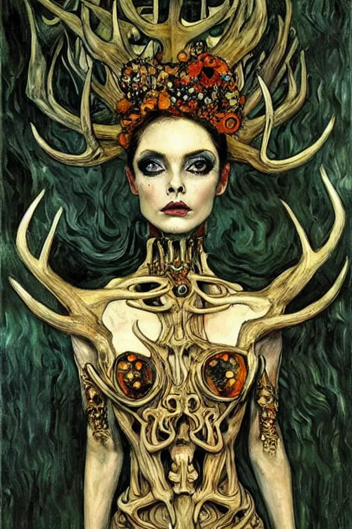 Prompt: The Queen of Bones by Karol Bak, Jean Deville, Gustav Klimt, and Vincent Van Gogh, portrait of a majestic demonic queen, vampiress, jade green cat eyes on fire, mystic eye, otherworldly, crown made of bones, antlers, horns, ornate jeweled crown, skull, fractal structures, arcane, inferno, inscribed runes, infernal relics, ornate gilded medieval icon, third eye, spirals, rich deep moody colors