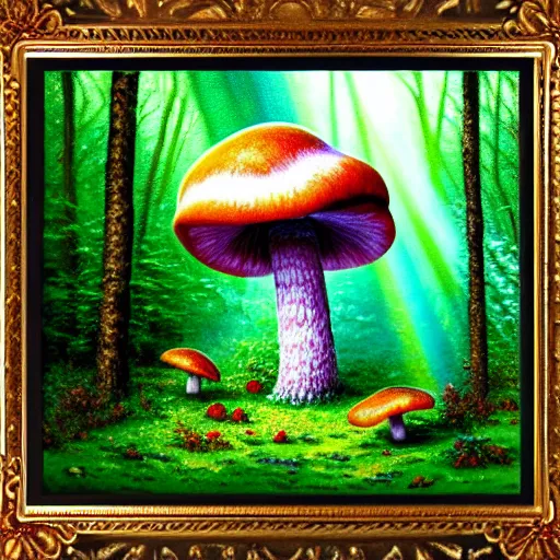 Prompt: Colorful painting of a single (Strobilomyces strobilaceus mushroom) in a forest clearing illuminated by vibrant crepuscular rays, realistic, Thomas Kinkade, extremely detailed, perfect, HD resolution, 8k, unbelievable talent, trending on Artstation, award-winning art, whimsical nature painting