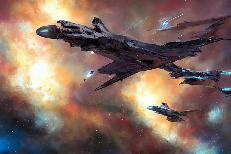 Image similar to a pterodactyl mecha, fighter-jet sized, smooth, john berkey white plastic panels, heavily armed by Craig Mullins and Scott Robertson nebula like clouds in space background near a ringed gas giant, distant explosions and spaghetti-like missile rocket exhaust trails by Dylan Cole and federico pelat cinematic lighting, hyper detailed hyper detailed, 8k, ultra realistic, cinematic lighting, ultra wide 35mm lens