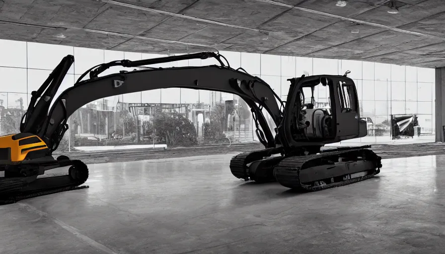 Image similar to extremely beautiful softly lit interior photo of futuristic construction equipment, excavator, backhoe, black, polished metal, gleaming, black and white corporate decals, polished concrete floor, sharp focus, clear focus, beautiful, award winning photo, extremely beautiful lighting, cinematic, modern, render, architectural, architecture, realistic, clear