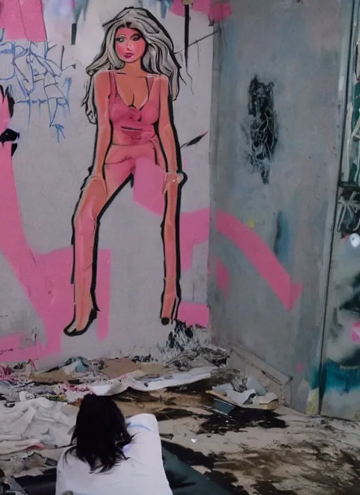 Image similar to film still of kylie Jenner doing a graffiti mural, derelict house, cinematic lighting, cinematic, rear pov,