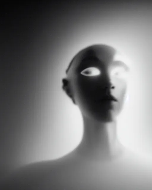 Prompt: black and white high quality photo of a beautiful female AI vegetal-cyborg looking into a sci-fi mirror, volumetric lighting, liminal space, brutalism, foggy, dreamy, hyperdetailed, bokeh, photorealistic, cinematic, masterpiece, Metropolis, elegant, dark, by Fritz Lang in the style of Horst P. Horst, octane render, 8K,