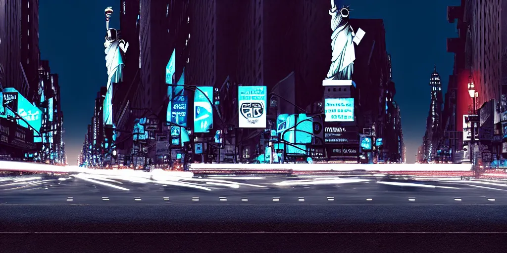 Image similar to an open frame blue tuk tuk going through a desolate manhattan city street at night, statue of liberty seen in the background, realistic 4 k octane beautifully detailed render, 4 k post - processing, highly detailed, detailed face, intricate complexity, epic composition, magical atmosphere, cinematic lighting, masterpiece, color picture, ultra hd