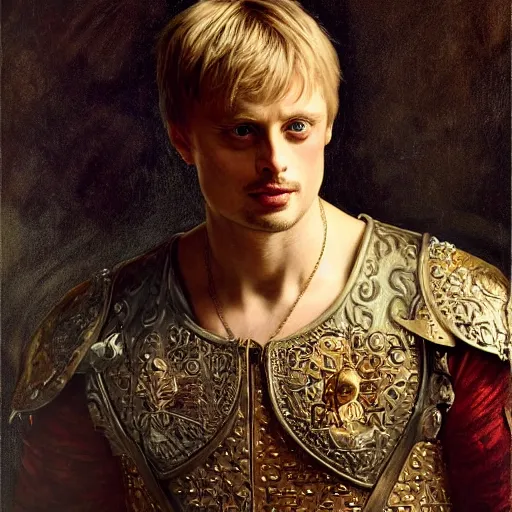 Prompt: attractive bradley james as attractive king arthur pendragon, natural lighting, high quality, very detailed painting, by gaston bussiere, j. c. leyendecker