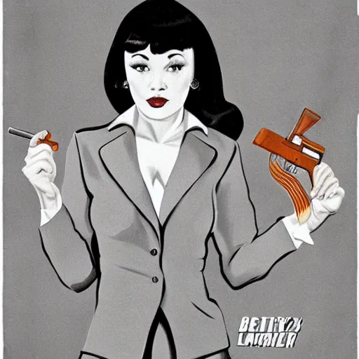 Image similar to betty page fully clothed in a suit holding a handgun, movie poster by kyle lambert