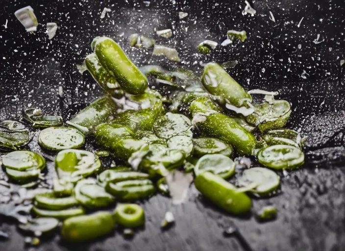 Image similar to photo still of lots of whole pickles falling from the sky, 8 k, 8 5 mm f 1. 8