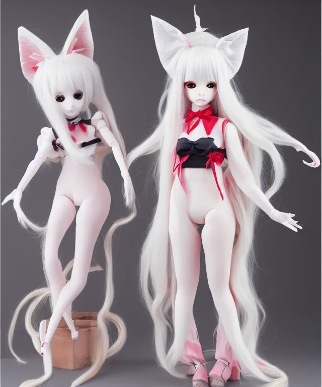 Image similar to full body cute adorable young anime kitsune with white curly hair, style of neytrix, lifesize doll, creepy