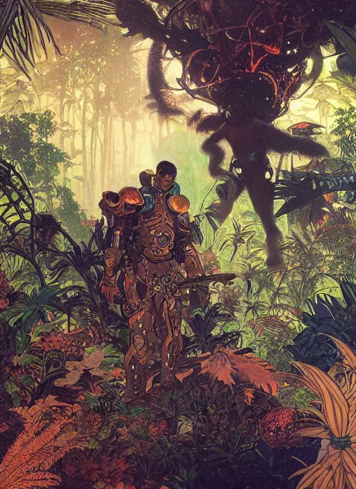 Image similar to portrait of a little epic cyborg warrior boy character with dark skin and a big robot tiger at his side in the middle of a lush jungle. diffuse neon light, dramatic landscape, fantasy illustration, matte painting by mucha