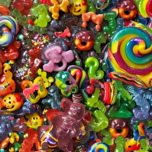 Image similar to Bosch Garden of Earthly Delights, candy, sculpted out of candy, gummy candies, gummy bears, gummy worms, colorful award-winning photo of candy, happy smiley