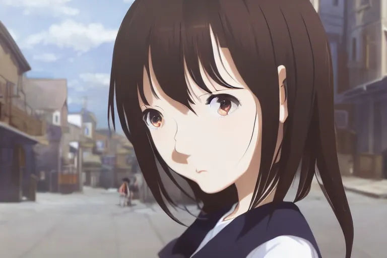 Image similar to anime film still portrait of a young girl wearing cardigan in rual street, cute face by ilya kuvshinov yoshinari yoh makoto shinkai katsura masakazu kyoani, dynamic perspective pose super detailed facial features eyebrowless symmetry, gapmoe yandere grimdark, crisp and sharp cel shade ambient light