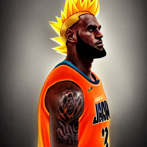 Image similar to Lebron James Lebron James Lebron James Lebron James Lebron James cosplay as Super saiyan Goku, light shining, glowing body, detailed digital art, colourful masterpiece beautiful beautiful beautiful