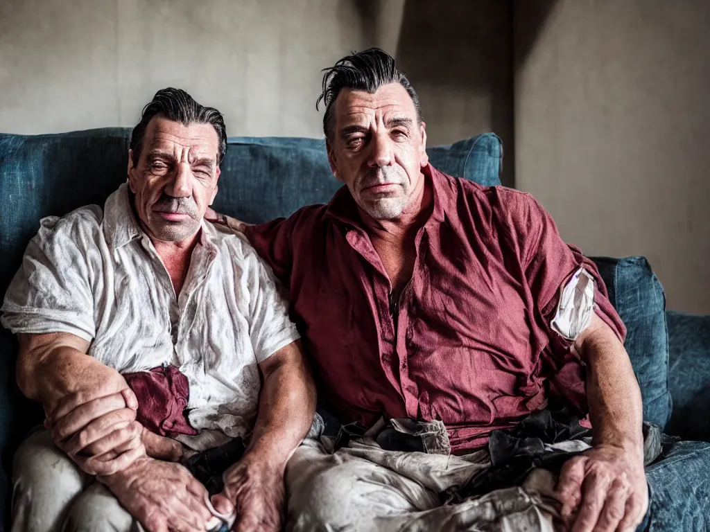 Prompt: close - up photo of a till lindemann sits on the couch with grandmother by steve mccurry, natural lighting, wide lens, 4 k