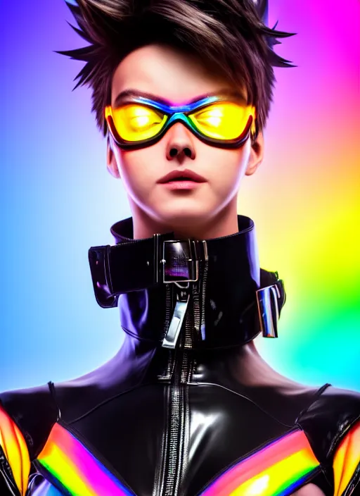 Image similar to hyperrealistic style portrait of tracer overwatch, confident pose, wearing black iridescent rainbow latex, rainbow, neon, 4 k, expressive happy smug expression, makeup, in style of mark arian, wearing detailed black leather collar, wearing sleek armor, black leather harness, expressive detailed face and eyes,