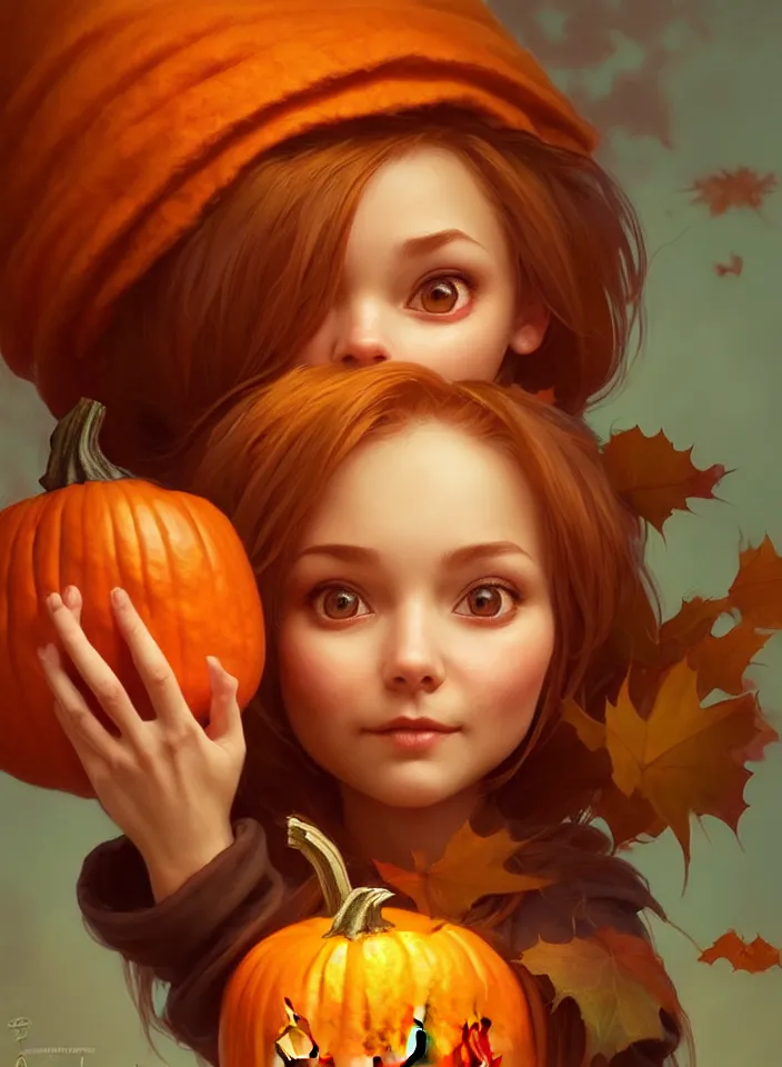 Prompt: hand drawn cute one gnomes face in autumn disguise holding pumpkin, detailed closeup face, concept art, low angle, high detail, warm lighting, volumetric, godrays, vivid, beautiful, trending on artstation, art by artgerm and greg rutkowski and alphonse mucha