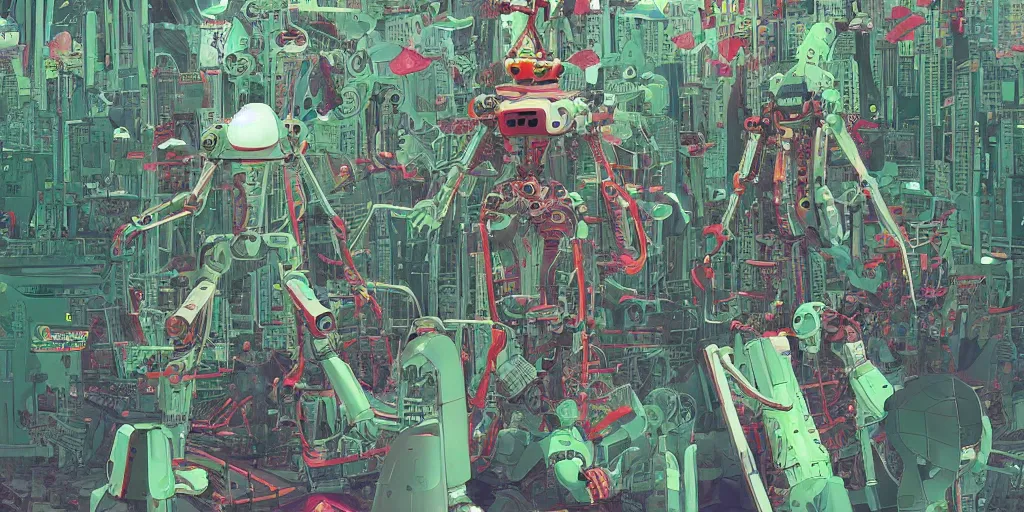 Image similar to gigantic robotic transparent robots with lasers with human faces catch tiny robots, a lot of exotic plants around, big human faces everywhere, helicopters and tremendous birds, risograph by satoshi kon and moebius, no text!, matte bright colors, surreal design, super - detailed, a lot of tiny details, fullshot