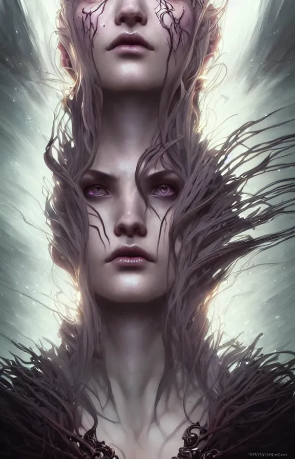 Image similar to Necromancer Sorceress face close-up macro in center, fantasy magic, undercut hairstyle, dark light night, intricate, elegant, sharp focus, illustration, highly detailed, digital painting, concept art, matte, art by WLOP and Artgerm and Greg Rutkowski and Alphonse Mucha, masterpiece