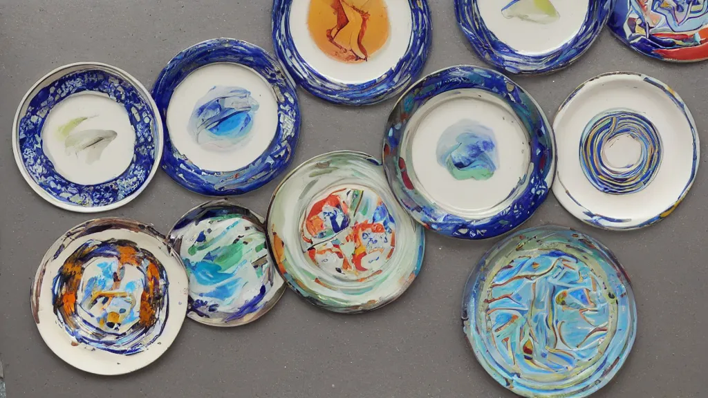 Prompt: plates with vitreous enamel artwork