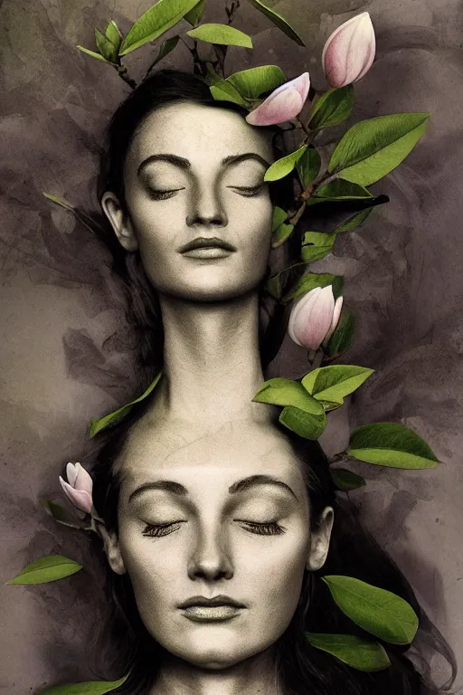 Image similar to a goddess of magnolia a queen of the garden, meditating! with a beautiful symmetrical face!!! cinematic lightning, isolated, studio lighting by dave mckean