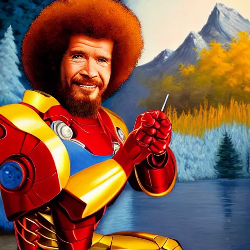 Prompt: a closeup photorealistic photograph of bob ross working on a canvas painting of iron man. happy trees. film still, vibrant colors. this 4 k hd image is trending on artstation, featured on behance, well - rendered, extra crisp, features intricate detail, epic composition and the style of unreal engine.