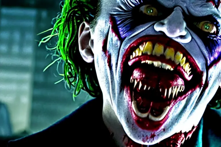 Image similar to Joker imitates Spider-Man and laughs, scary scene, top horrible creatures, horrible, horror films, film on real events, horrors filmed on camera, fangs and drool, jaw and tongue, man is terrified, fear, darkness, basement, 8k, hyper-realistic, ray tracing, night, flashlight