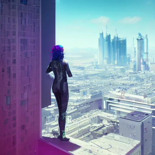 Image similar to portrait of a young cyberpunk woman on top of a building overlooking a city, a view from behind, intricate artwork by tooth wu and wlop and beeple, octane render, hyper realism, 8 k