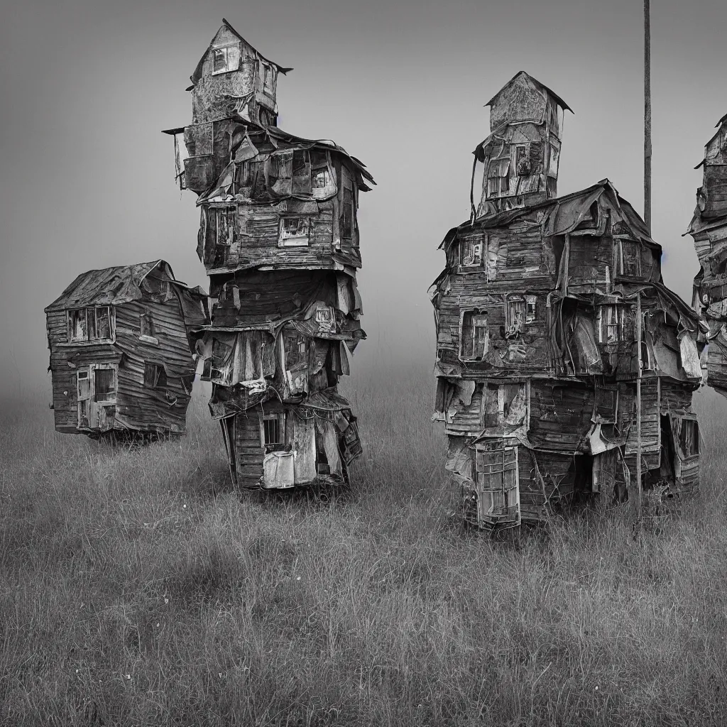 Image similar to two towers, made up of makeshift squatter shacks, misty, dystopia, mamiya rb 6 7, fully frontal view, very detailed, digital glitches, photographed by jeanette hagglund
