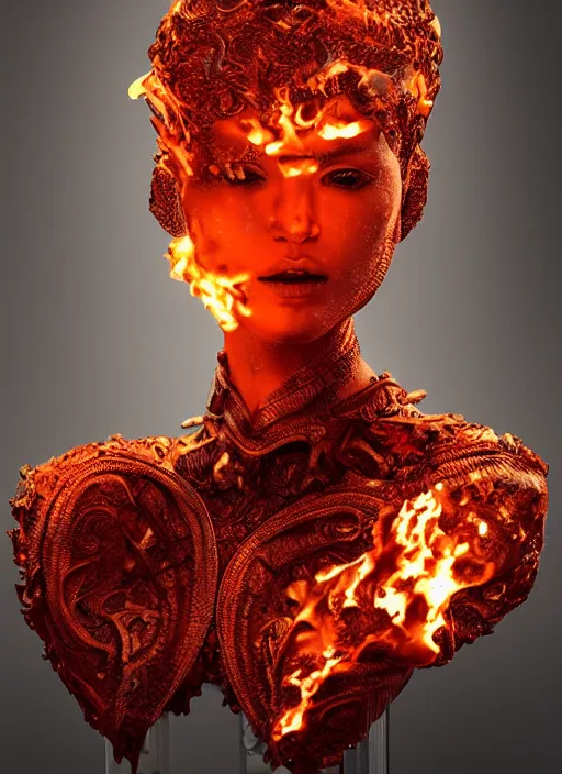 Image similar to sculpture made of flame, portrait, female, future, torch, fire, harper's bazaar, vogue, fashion magazine, intricate, concept art, close up, ornate, luxury, elite, elegant, trending on artstation, by ruan jia, by Kenneth Willardt, by ross tran, by WLOP, by Andrei Riabovitchev,