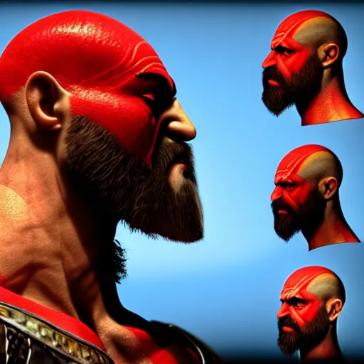 Prompt: photo of Kratos, Kratos's head is replaced with that of a chicken, volumetric lighting, high detail, 8k, warm toned gradient background