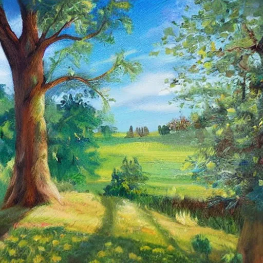 Image similar to treehouse in the countryside on a sunny day, peaceful, dreamy, brush strokes, oil painting