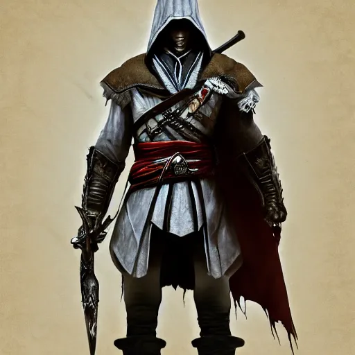 Image similar to an ultra detailed vector image of ezio auditore dressed as the hunter from bloodborne, concept art by alphonse mucha and greg rutkowski, praise the blood moon, octane render, liminal space