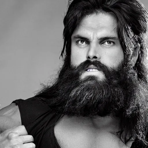 Image similar to extremely muscular man with a beautiful square chin, thick white bushy beard!, jet black long flowing hair!!!, wearing a tunic that exposes one side of the chest, cinematic, volumetric lighting, f 7 aperture - w 5 1 2