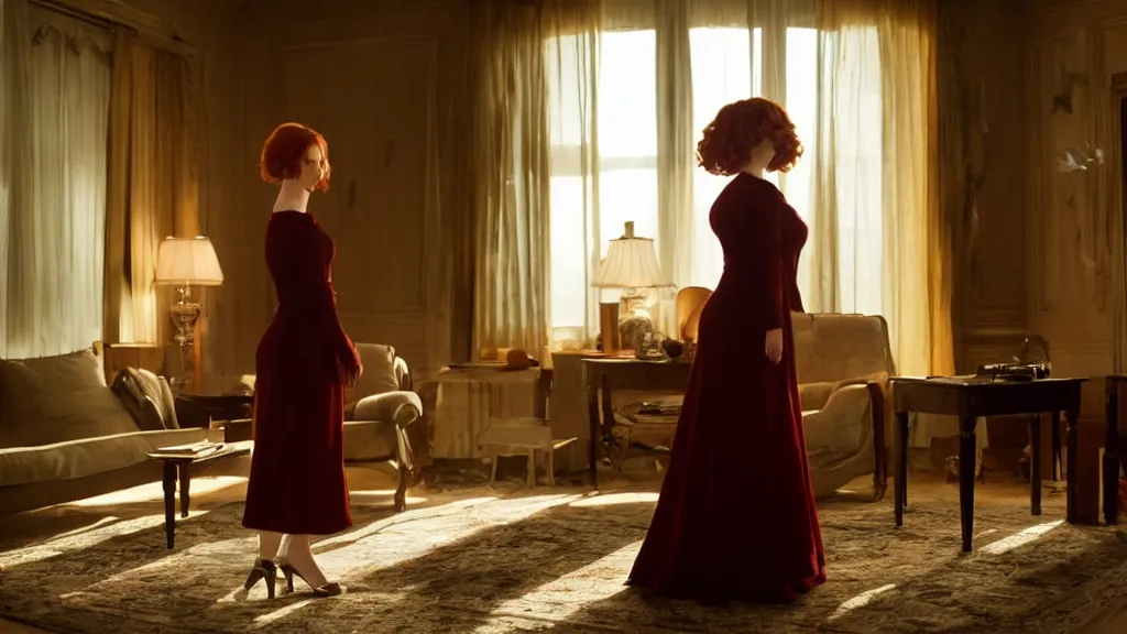 Image similar to Christina Hendricks in the living room, film still from the movie directed by Denis Villeneuve with art direction by Salvador Dalí, wide lens