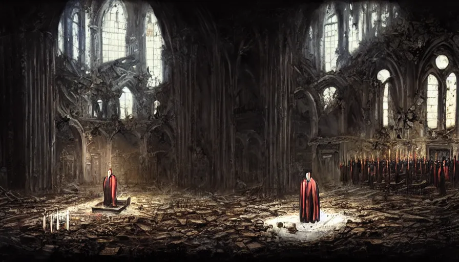 Prompt: concept art, a dark priest conducts a ceremony in the middle of a destroyed church, blood, religion, death, fear, horror, ultra realistic, hyperrealism, detailed and intricate environment, by giger, by marc simonettii, polaroid, bokeh, 4 k