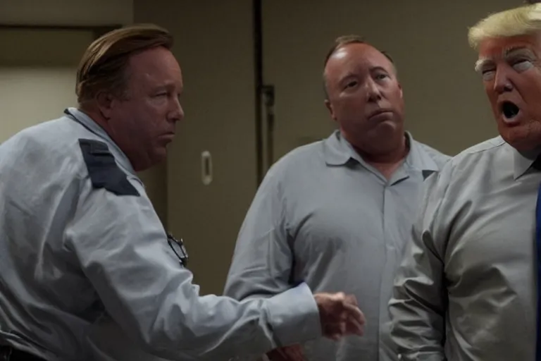 Image similar to movie still of donald trump and alex jones in jail, photograph, tv show, cinematic