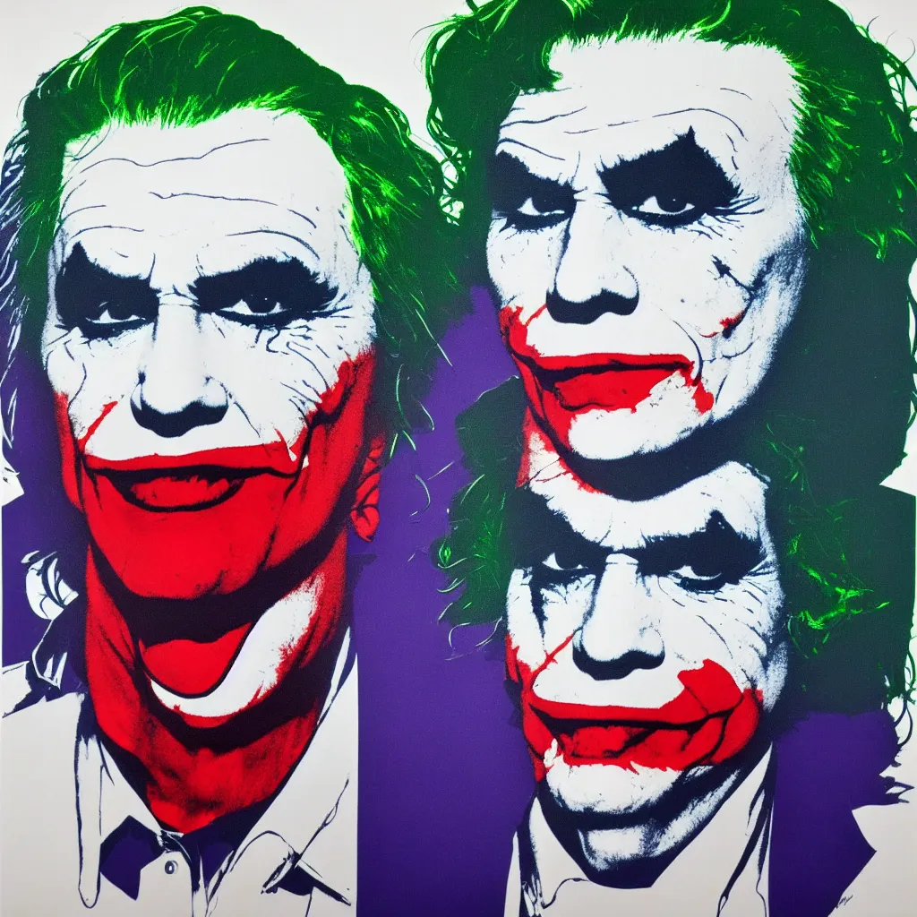 Image similar to individual silk screen portrait of the joker by andy warhol