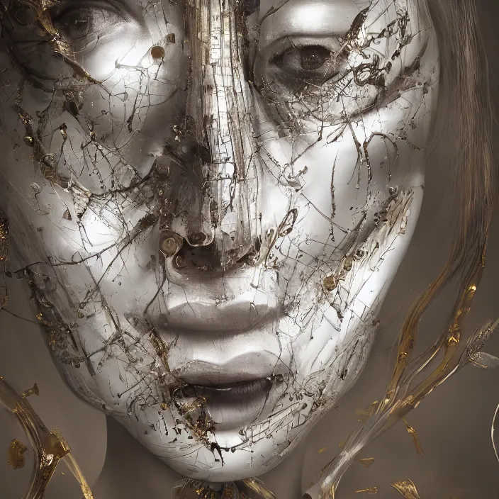 Prompt: beautiful woman catwalk fashion, photorealism, white detail plastic biomechanical with gold, copper, bronze, chrome by lee jeffries, erik johansson, h. r. giger, supersampled, 8 k, beautify