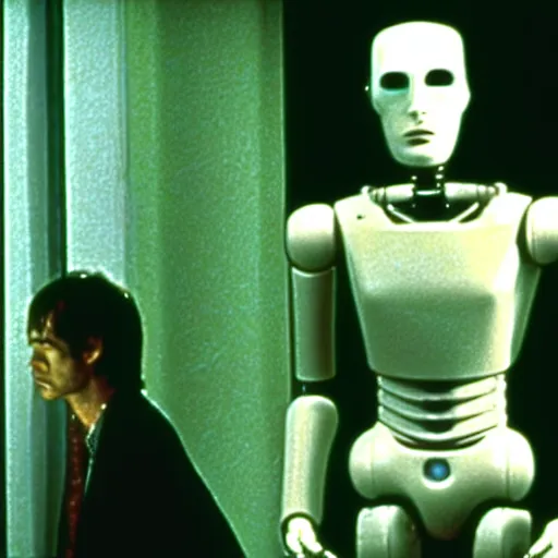 Image similar to a man and a robot in a moment of jealousy, movie still, Movie by Andrzej Zulawski and David Lynch