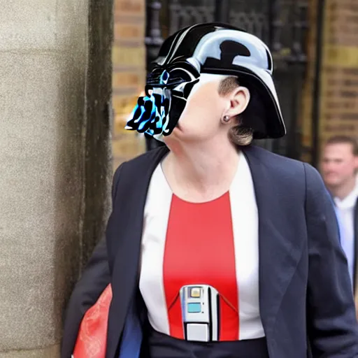 Prompt: Liz Truss in a Darth Vader helmet