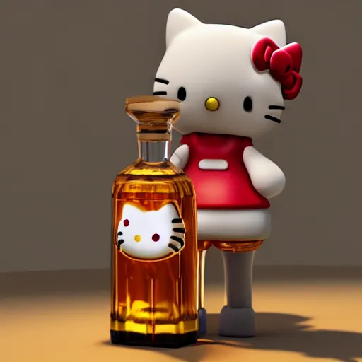 Prompt: a 3d render of hello kitty holding a bottle of whiskey, artstation, by makoto shinkai