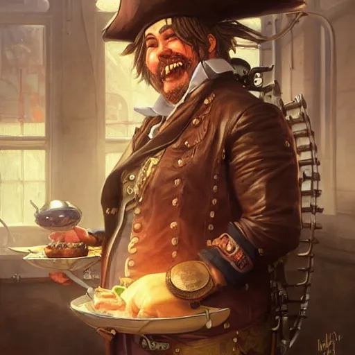 Prompt: steampunk fat pirate chef, highly detailed, digital painting, artstation, concept art, smooth, sharp focus, illustration, ArtStation, art by artgerm and greg rutkowski and Hikari Shimoda and Edmund Blair Leighton and Charlie Bowater