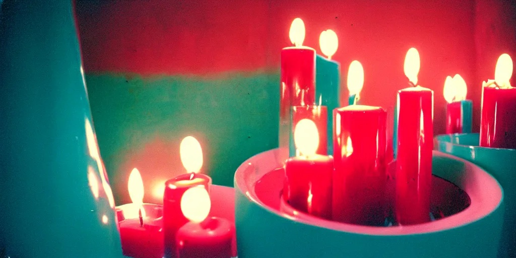 Prompt: macro of a vessel full of blood, it's in the corner of a room that's lit with candles, turquoise and pink lighting, 1980s, cinestill 800t