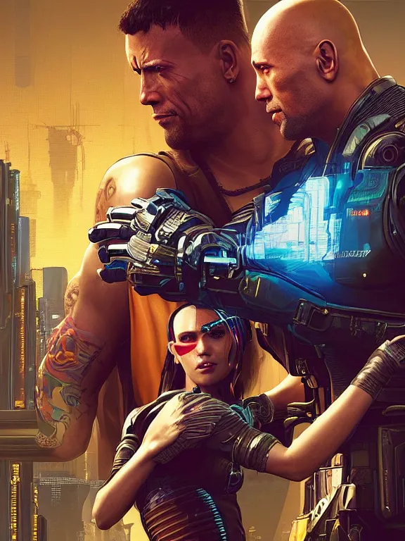 Image similar to a cyberpunk 2077 couple portrait of Dwayne Johnson holding a female android,complex mess of cables and wires behind them connected to giant computer,film lighting,by laurie greasley,Lawrence Alma-Tadema,William Morris,Dan Mumford, trending on atrstation,full of color,face enhance,sharp focus, highly detailed,8K, octane,golden ratio,cinematic lighting