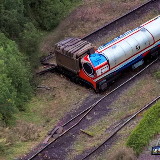 Prompt: Thomas the tank engine derailment accident, 8k photography, high definition, ultra realistic, award winning photo